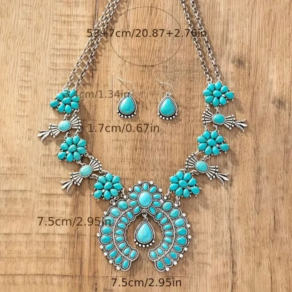 Southwestern Turquoise & Silver Necklace Set Naja Pendant Matching Earrings
